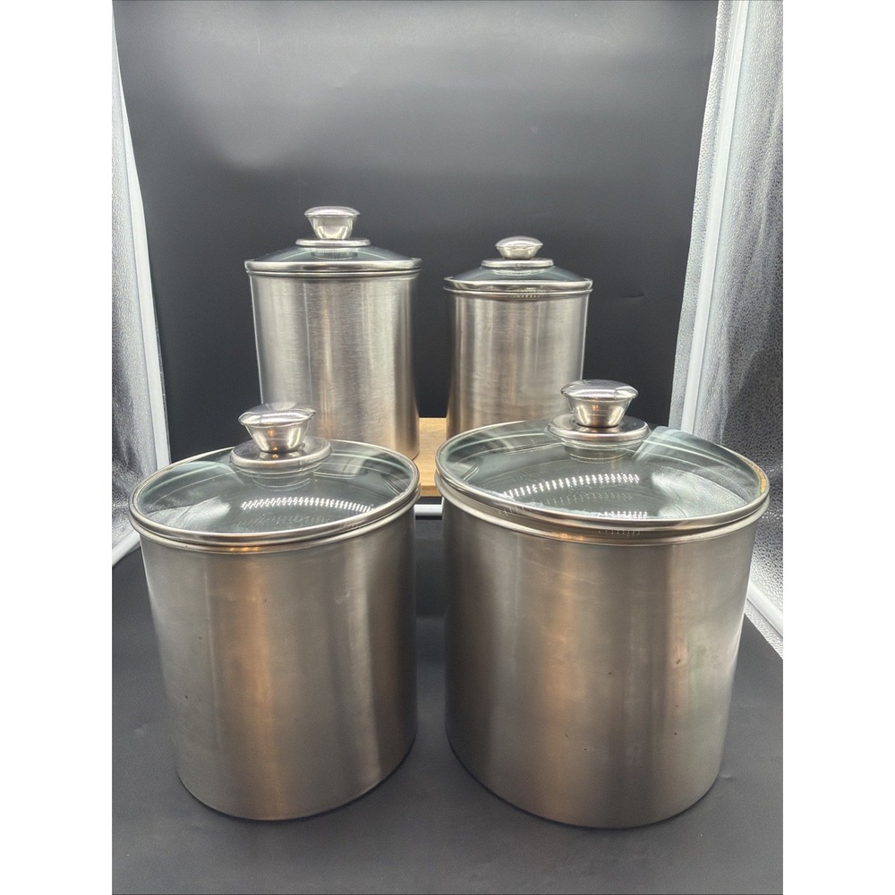 Set Of 4 Stainless Steel Canisters Food Storage Air Tight Glass Lids